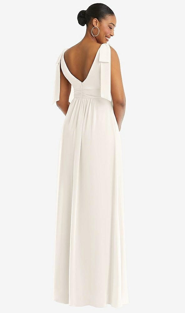 Back View - Ivory Plunge Neckline Bow Shoulder Empire Waist Chiffon Maxi Dress