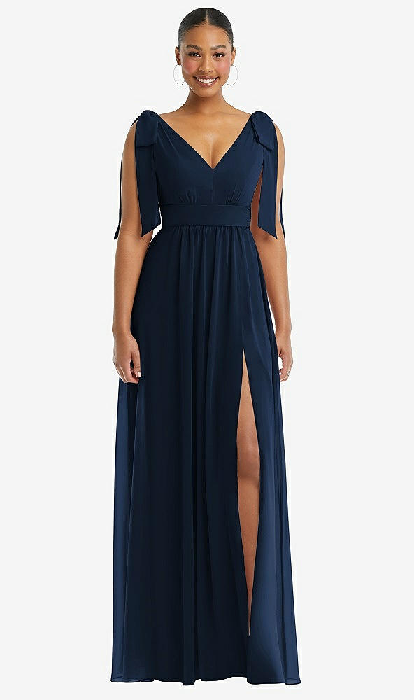 Front View - Midnight Navy Plunge Neckline Bow Shoulder Empire Waist Chiffon Maxi Dress