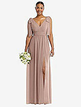 Alt View 1 Thumbnail - Neu Nude Plunge Neckline Bow Shoulder Empire Waist Chiffon Maxi Dress