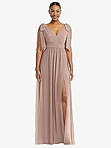 Front View Thumbnail - Neu Nude Plunge Neckline Bow Shoulder Empire Waist Chiffon Maxi Dress