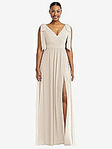 Front View Thumbnail - Oat Plunge Neckline Bow Shoulder Empire Waist Chiffon Maxi Dress