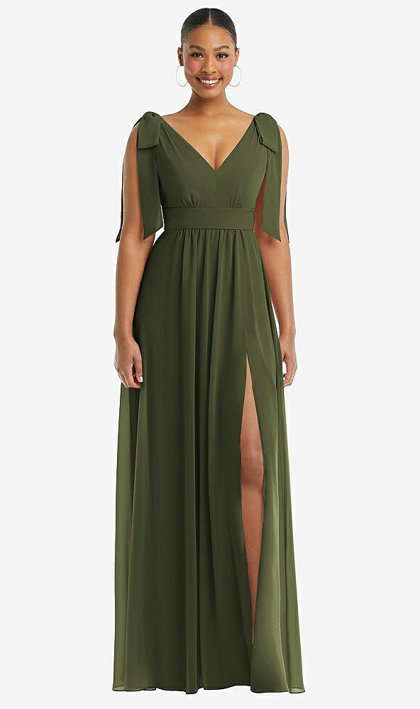 Front View - Olive Green Plunge Neckline Bow Shoulder Empire Waist Chiffon Maxi Dress