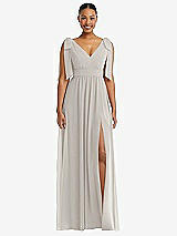 Front View Thumbnail - Oyster Plunge Neckline Bow Shoulder Empire Waist Chiffon Maxi Dress