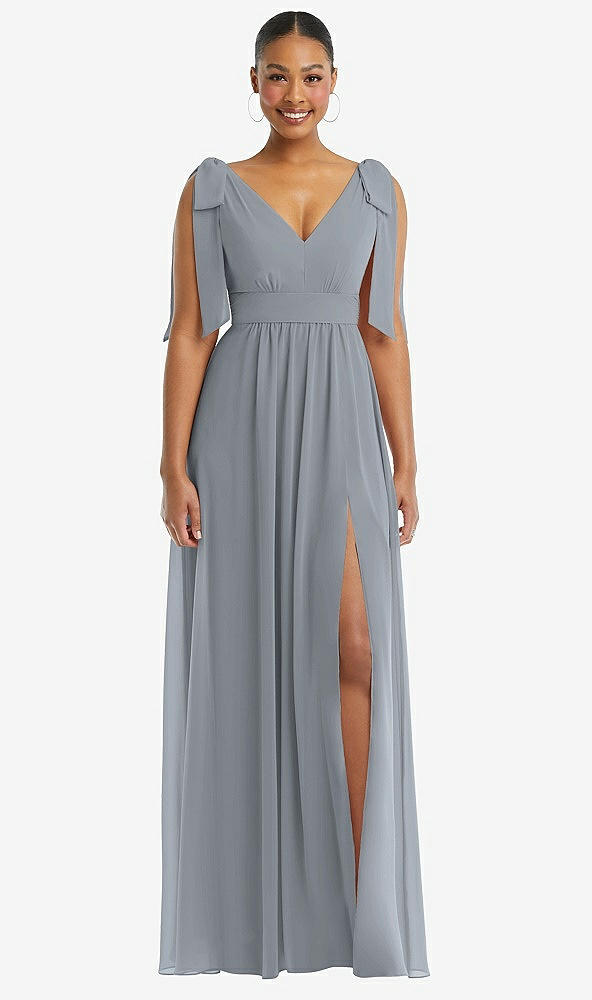 Front View - Platinum Plunge Neckline Bow Shoulder Empire Waist Chiffon Maxi Dress