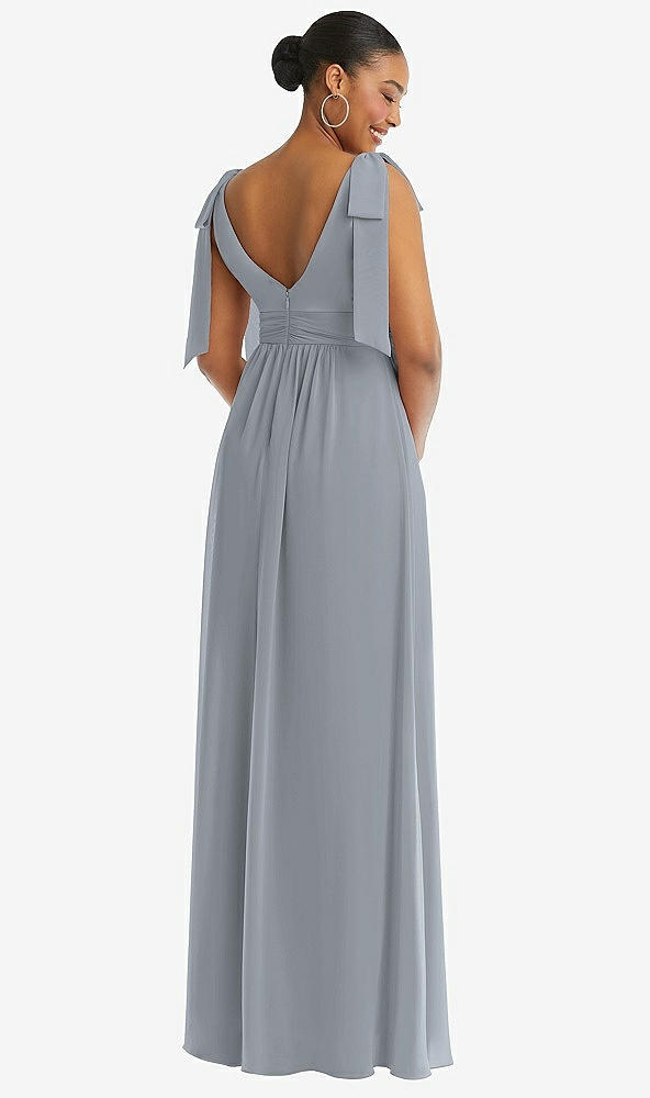 Back View - Platinum Plunge Neckline Bow Shoulder Empire Waist Chiffon Maxi Dress