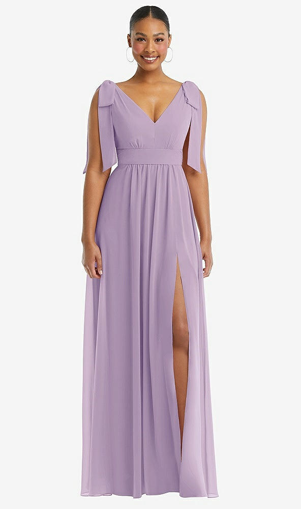 Front View - Pale Purple Plunge Neckline Bow Shoulder Empire Waist Chiffon Maxi Dress