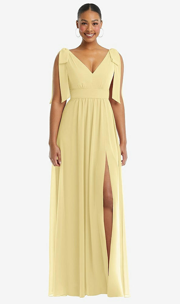 Front View - Pale Yellow Plunge Neckline Bow Shoulder Empire Waist Chiffon Maxi Dress