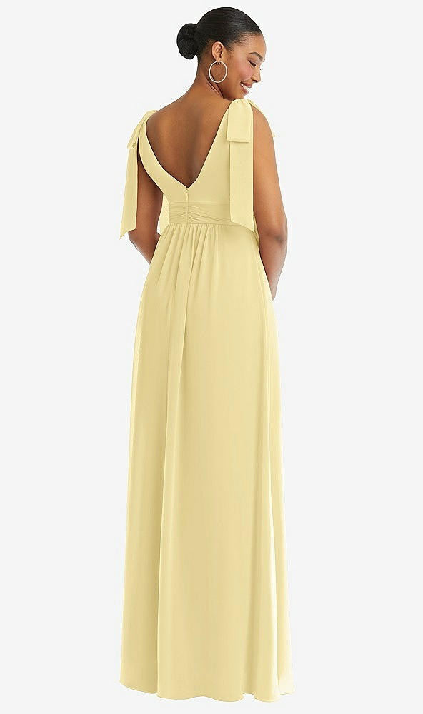 Back View - Pale Yellow Plunge Neckline Bow Shoulder Empire Waist Chiffon Maxi Dress