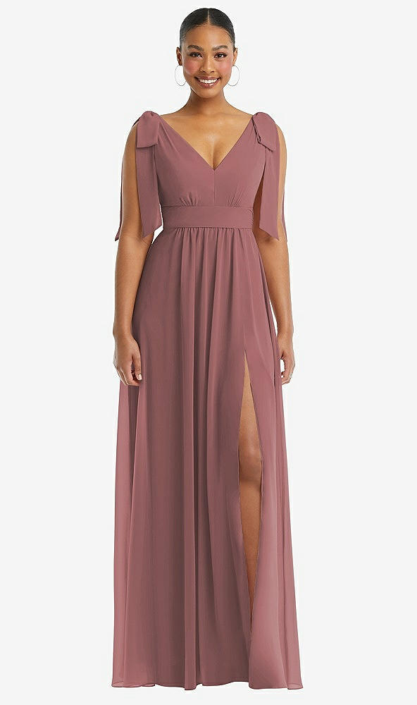 Front View - Rosewood Plunge Neckline Bow Shoulder Empire Waist Chiffon Maxi Dress