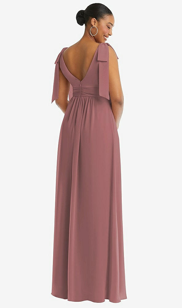 Back View - Rosewood Plunge Neckline Bow Shoulder Empire Waist Chiffon Maxi Dress