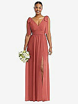 Alt View 1 Thumbnail - Coral Pink Plunge Neckline Bow Shoulder Empire Waist Chiffon Maxi Dress