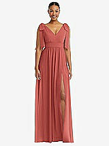 Front View Thumbnail - Coral Pink Plunge Neckline Bow Shoulder Empire Waist Chiffon Maxi Dress