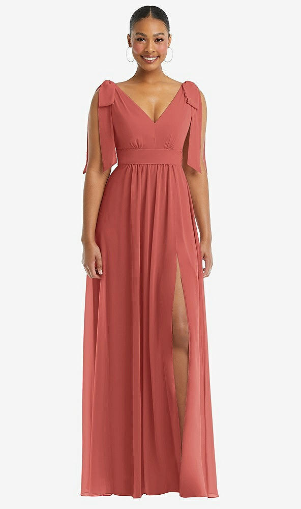 Front View - Coral Pink Plunge Neckline Bow Shoulder Empire Waist Chiffon Maxi Dress