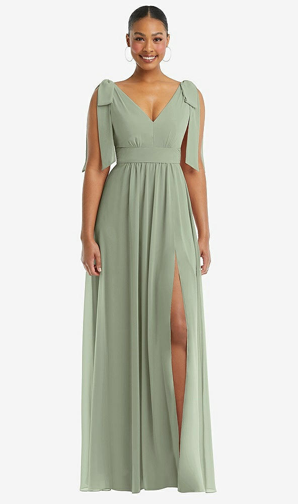 Front View - Sage Plunge Neckline Bow Shoulder Empire Waist Chiffon Maxi Dress