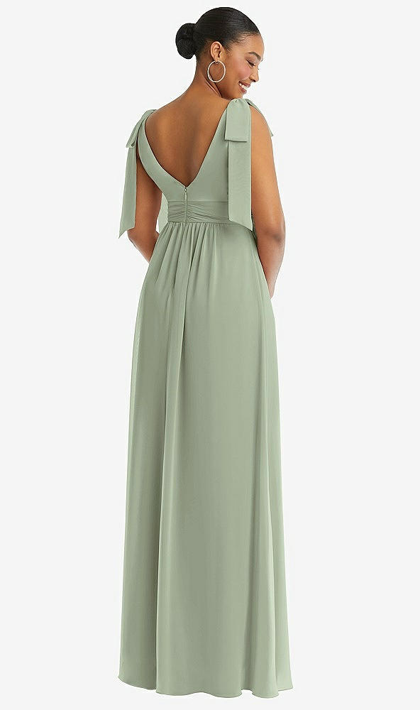 Back View - Sage Plunge Neckline Bow Shoulder Empire Waist Chiffon Maxi Dress