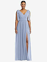 Front View Thumbnail - Sky Blue Plunge Neckline Bow Shoulder Empire Waist Chiffon Maxi Dress