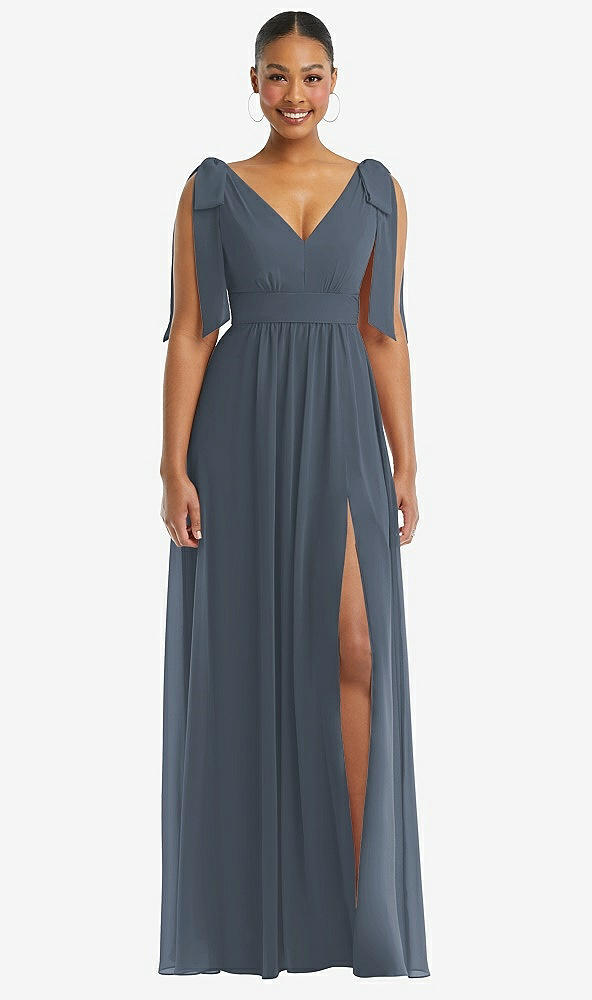 Front View - Silverstone Plunge Neckline Bow Shoulder Empire Waist Chiffon Maxi Dress