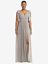 Front View Thumbnail - Taupe Plunge Neckline Bow Shoulder Empire Waist Chiffon Maxi Dress