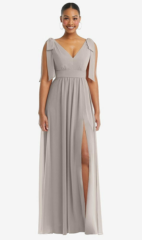 Front View - Taupe Plunge Neckline Bow Shoulder Empire Waist Chiffon Maxi Dress