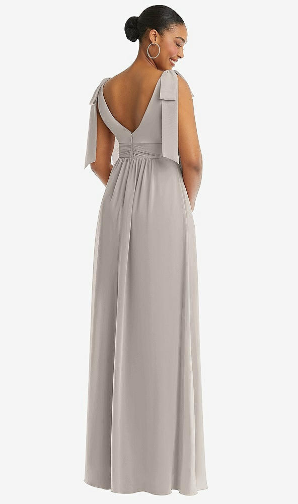 Back View - Taupe Plunge Neckline Bow Shoulder Empire Waist Chiffon Maxi Dress