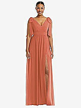 Front View Thumbnail - Terracotta Copper Plunge Neckline Bow Shoulder Empire Waist Chiffon Maxi Dress