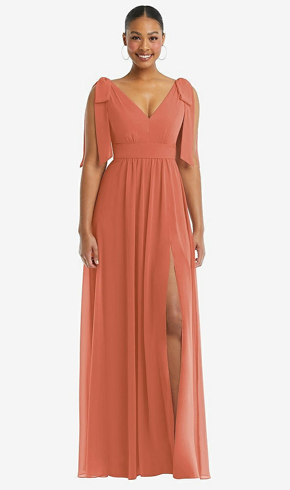 Front View - Terracotta Copper Plunge Neckline Bow Shoulder Empire Waist Chiffon Maxi Dress