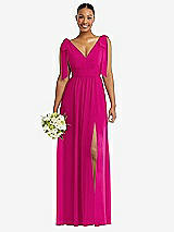 Alt View 1 Thumbnail - Think Pink Plunge Neckline Bow Shoulder Empire Waist Chiffon Maxi Dress