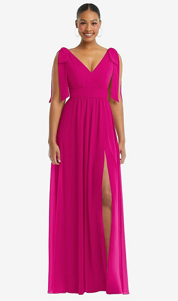 Front View - Think Pink Plunge Neckline Bow Shoulder Empire Waist Chiffon Maxi Dress