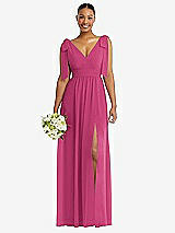 Alt View 1 Thumbnail - Tea Rose Plunge Neckline Bow Shoulder Empire Waist Chiffon Maxi Dress