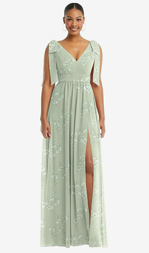 Front View - Vintage Primrose Sage Plunge Neckline Bow Shoulder Empire Waist Chiffon Maxi Dress