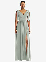 Front View Thumbnail - Willow Green Plunge Neckline Bow Shoulder Empire Waist Chiffon Maxi Dress