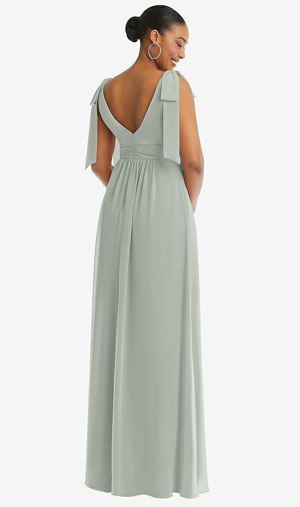 Back View - Willow Green Plunge Neckline Bow Shoulder Empire Waist Chiffon Maxi Dress