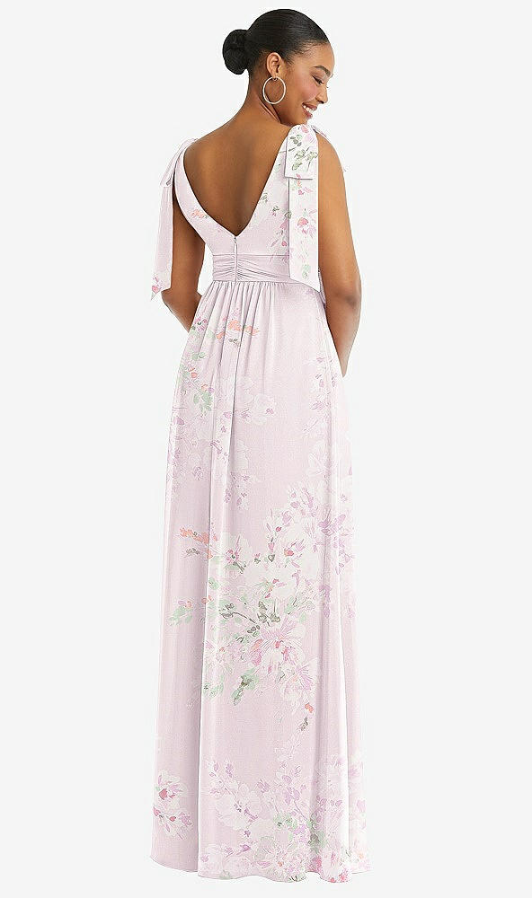 Back View - Watercolor Print Plunge Neckline Bow Shoulder Empire Waist Chiffon Maxi Dress