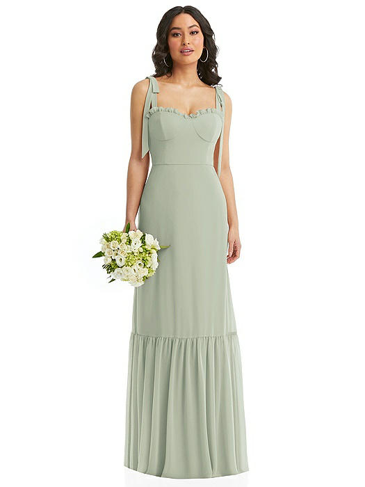 Tie-Shoulder Bustier Bodice Ruffle-Hem Maxi Dress