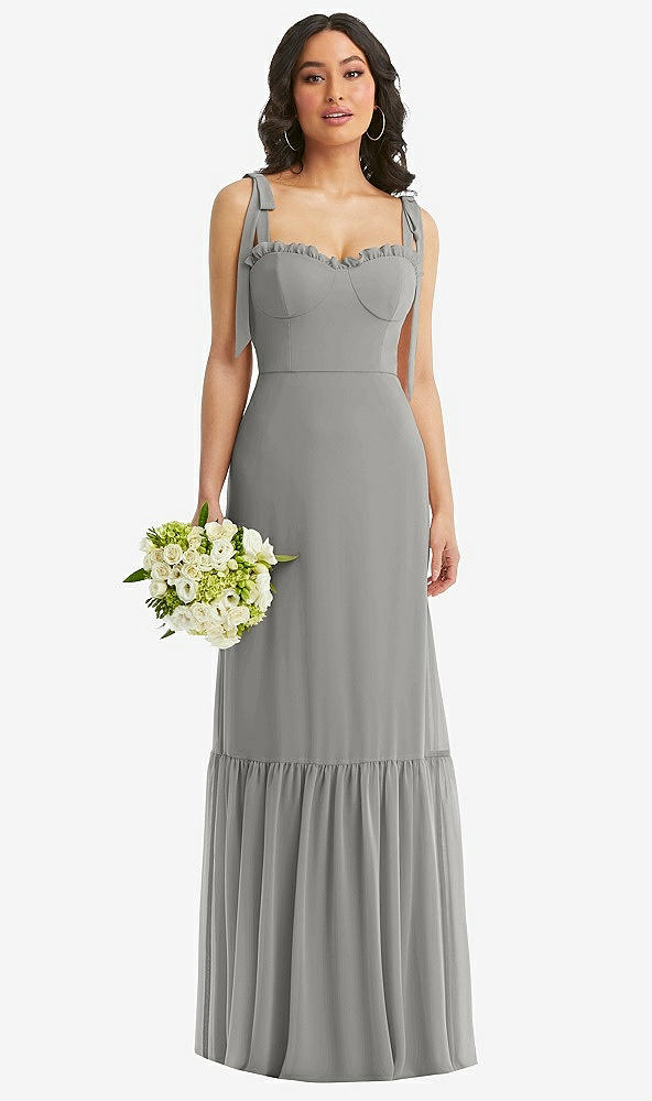 Front View - Chelsea Gray Tie-Shoulder Bustier Bodice Ruffle-Hem Maxi Dress