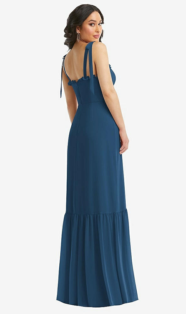 Back View - Dusk Blue Tie-Shoulder Bustier Bodice Ruffle-Hem Maxi Dress