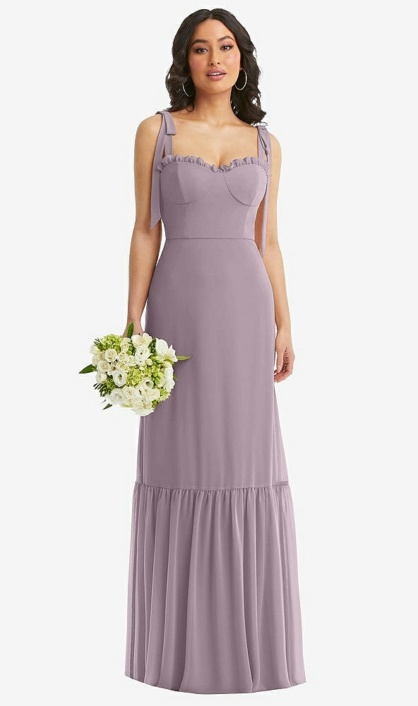 Front View - Lilac Dusk Tie-Shoulder Bustier Bodice Ruffle-Hem Maxi Dress