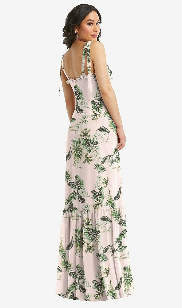 Back View - Palm Beach Print Tie-Shoulder Bustier Bodice Ruffle-Hem Maxi Dress