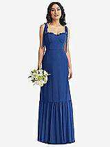 Front View Thumbnail - Classic Blue Tie-Shoulder Bustier Bodice Ruffle-Hem Maxi Dress