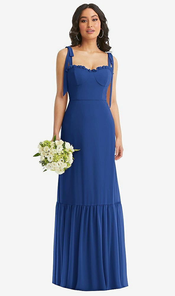 Front View - Classic Blue Tie-Shoulder Bustier Bodice Ruffle-Hem Maxi Dress