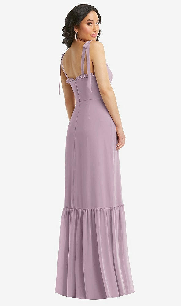 Back View - Suede Rose Tie-Shoulder Bustier Bodice Ruffle-Hem Maxi Dress