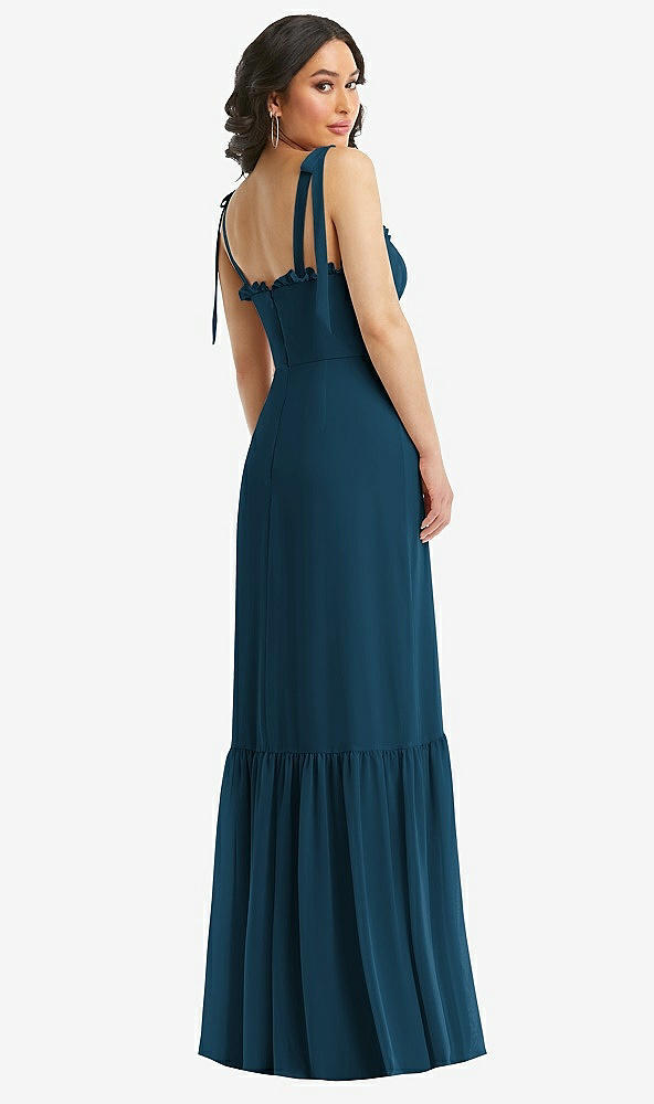 Back View - Atlantic Blue Tie-Shoulder Bustier Bodice Ruffle-Hem Maxi Dress