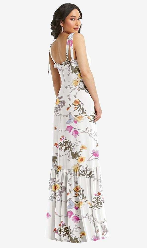 Back View - Butterfly Botanica Ivory Tie-Shoulder Bustier Bodice Ruffle-Hem Maxi Dress