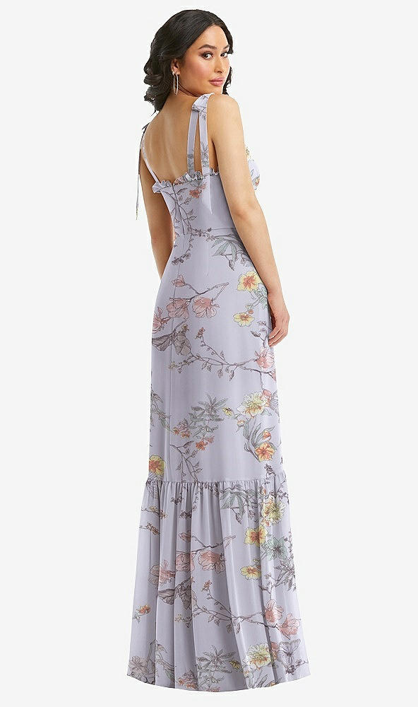 Back View - Butterfly Botanica Silver Dove Tie-Shoulder Bustier Bodice Ruffle-Hem Maxi Dress