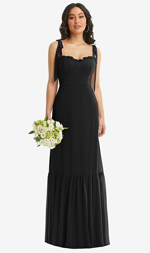 Front View - Black Tie-Shoulder Bustier Bodice Ruffle-Hem Maxi Dress