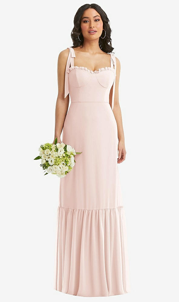 Front View - Blush Tie-Shoulder Bustier Bodice Ruffle-Hem Maxi Dress