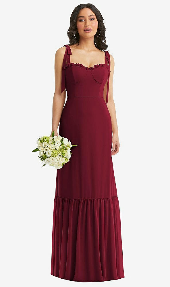 Front View - Burgundy Tie-Shoulder Bustier Bodice Ruffle-Hem Maxi Dress