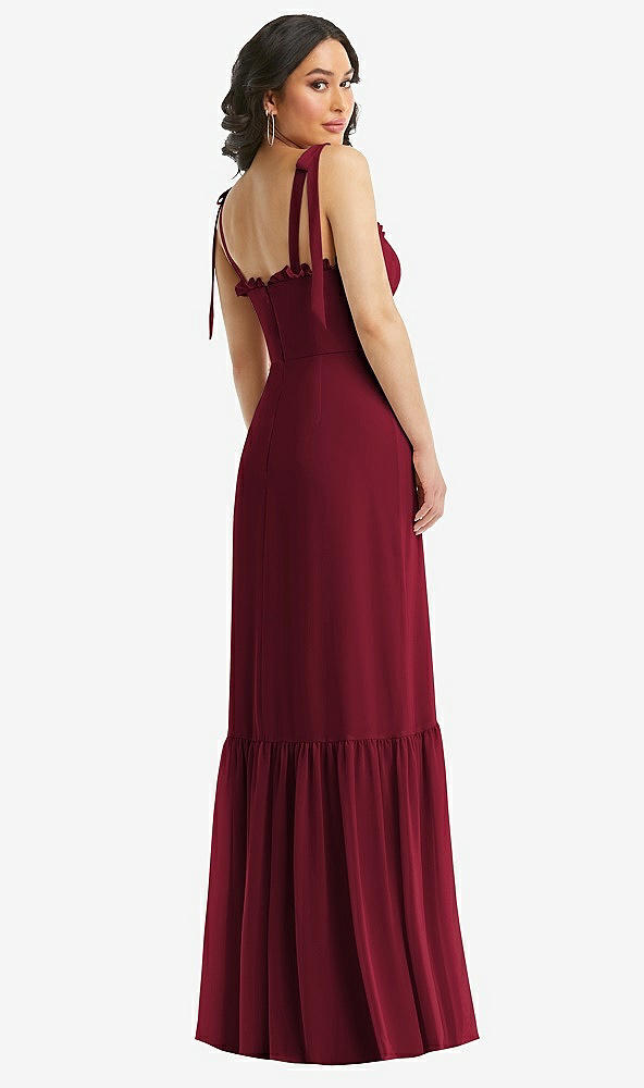 Back View - Burgundy Tie-Shoulder Bustier Bodice Ruffle-Hem Maxi Dress