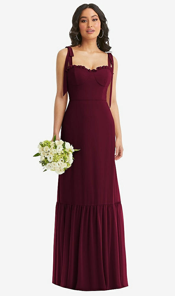 Front View - Cabernet Tie-Shoulder Bustier Bodice Ruffle-Hem Maxi Dress