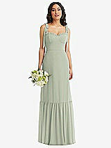 Front View Thumbnail - Celadon Tie-Shoulder Bustier Bodice Ruffle-Hem Maxi Dress